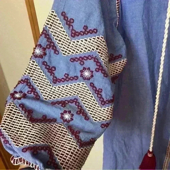 Gretchen Scott Crocheted Tunic Dress Women Small Blue Red/white Tassel Mini - Picture 5 of 10